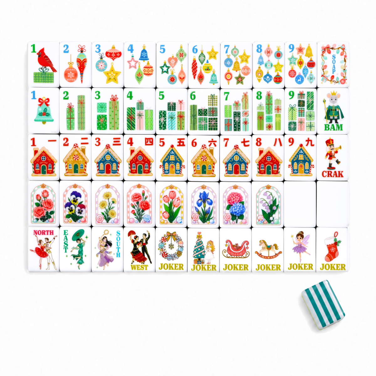 Merry Christmas American mahjong tile set laid out in rows: ornament dots, present bams, gingerbread-house craks, Nutcracker winds and jokers