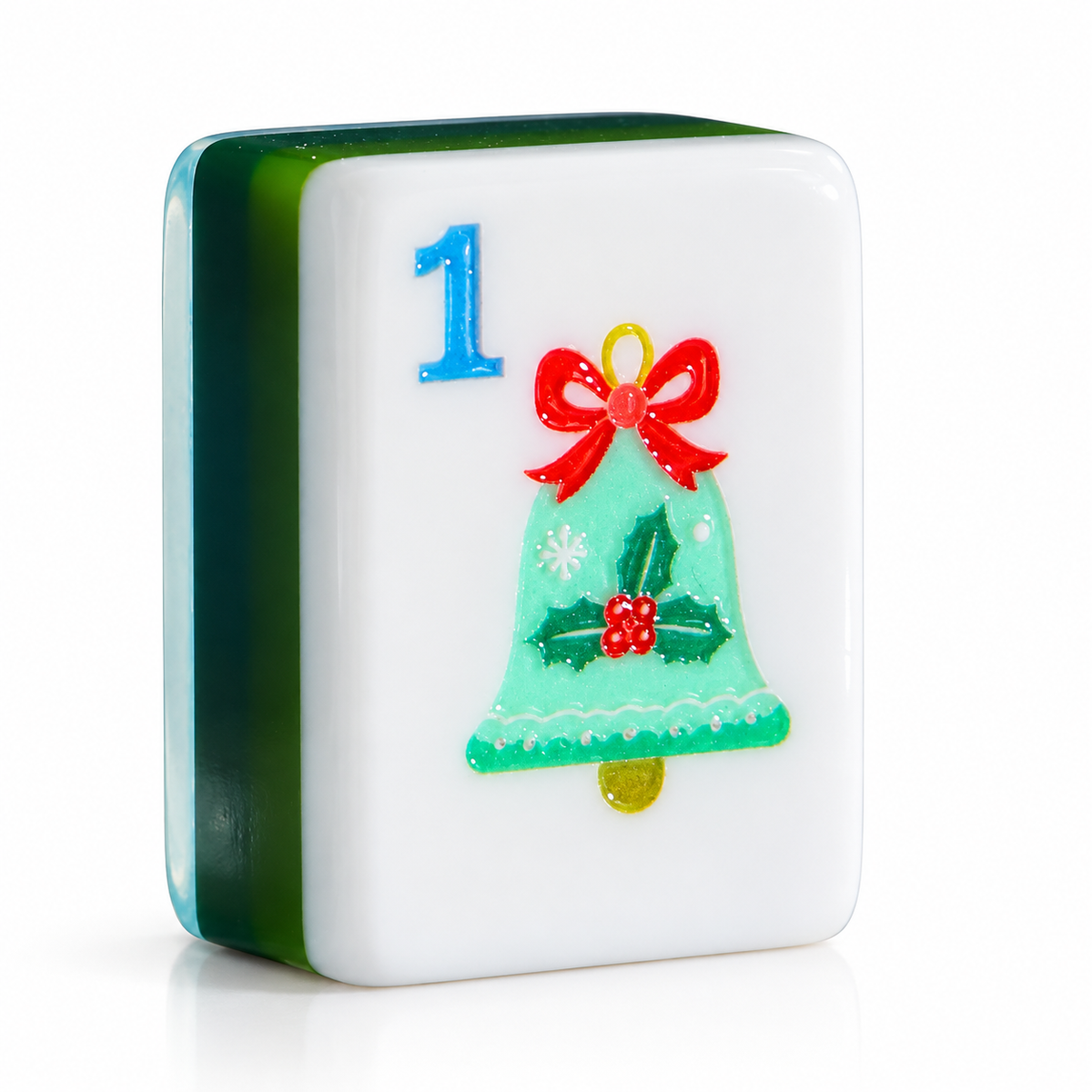 Merry Christmas mahjong tile, 1 Bam holiday bell, with green layered edge