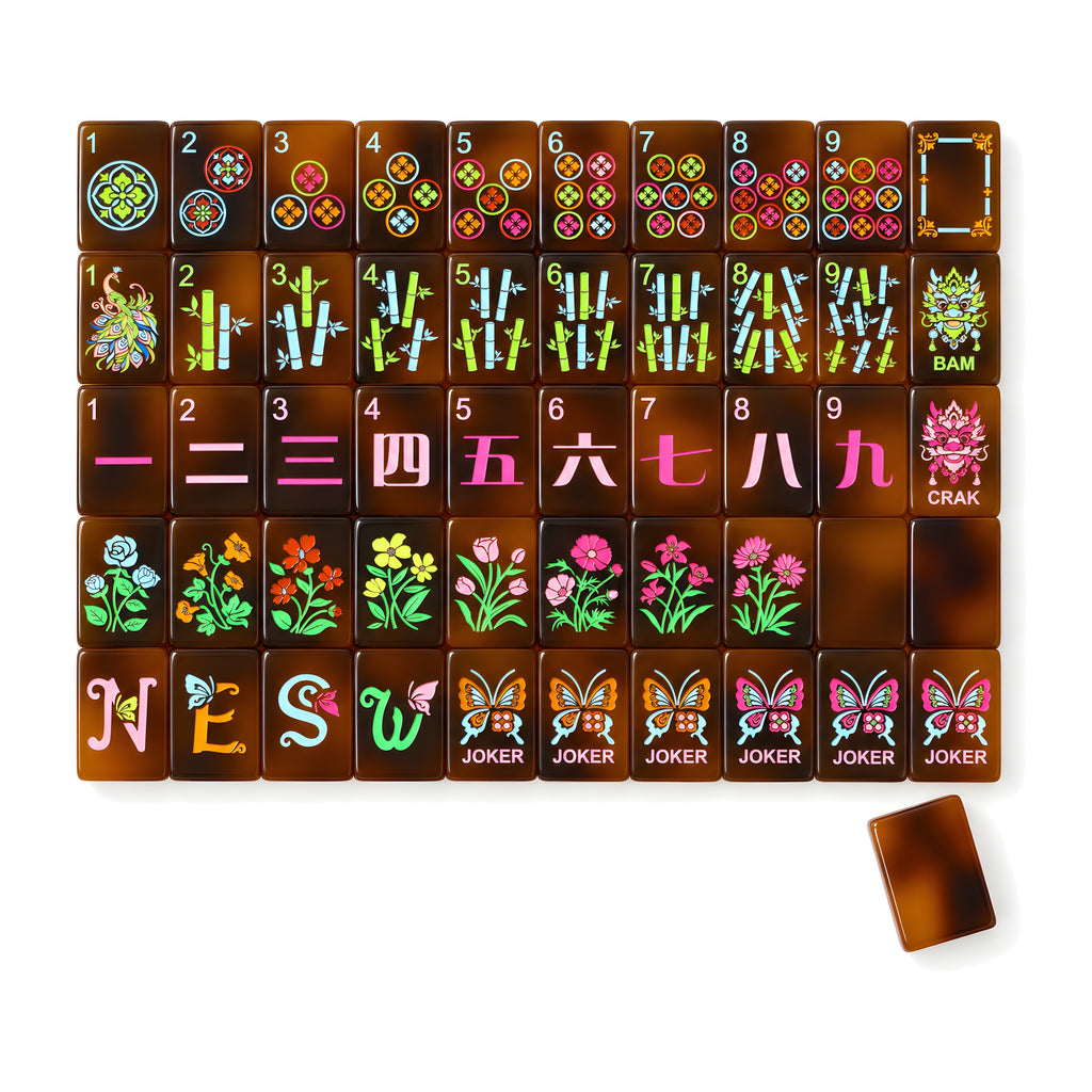 Amber American mahjong tiles, one of each tile laid out in a grid