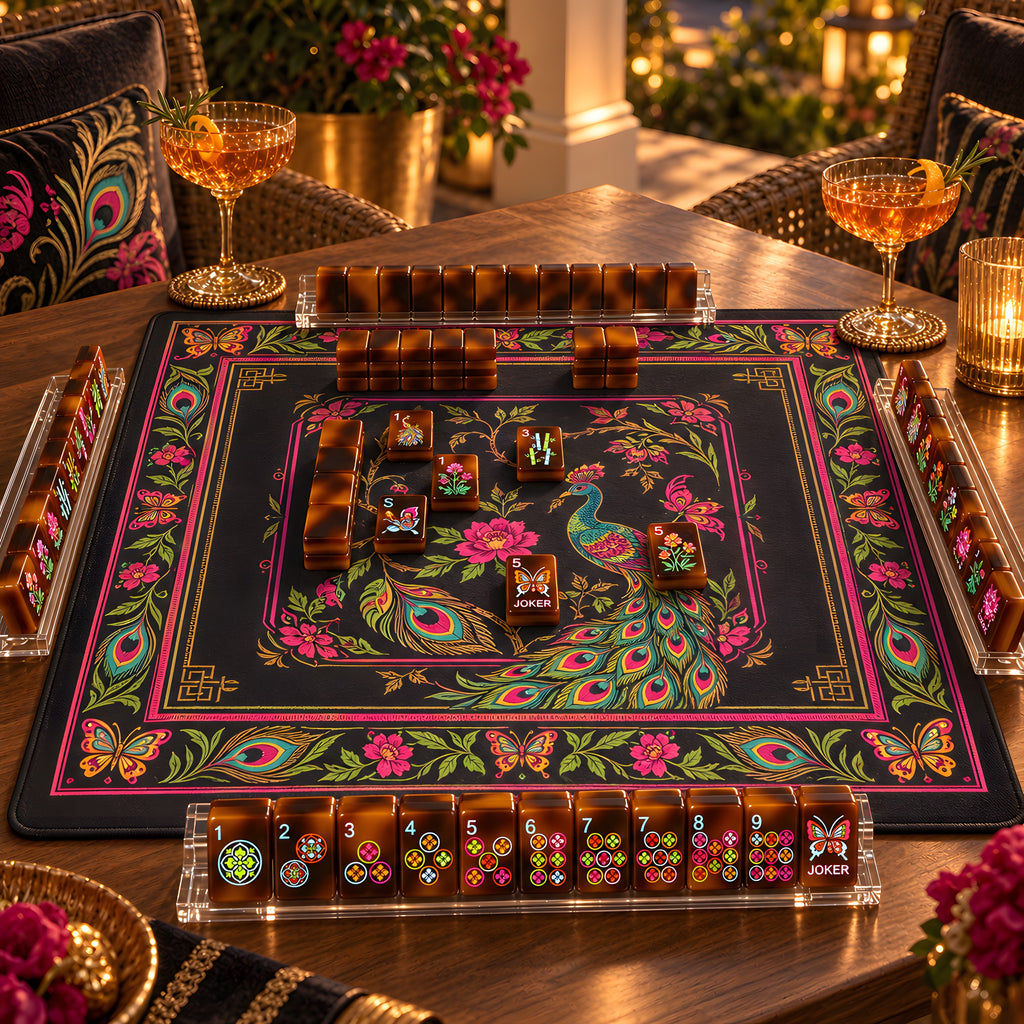 Amber tortoiseshell mahjong tiles set up for a game on a dark butterfly and peacock mat in evening light