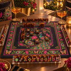 Amber tortoiseshell mahjong tiles set up for a game on a dark butterfly and peacock mat in evening light