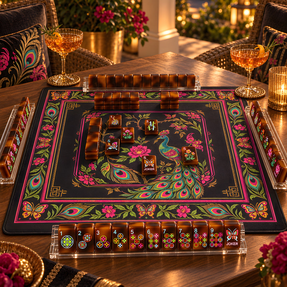 Amber tortoiseshell mahjong tiles set up for a game on a dark butterfly mat