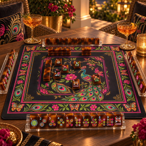 Amber tortoiseshell mahjong tiles set up for a game on a dark butterfly mat