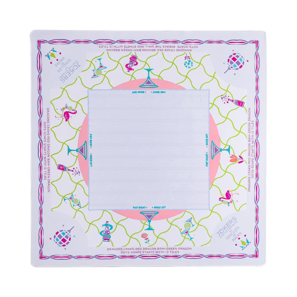 White and lime trellis mahjong mat with cocktails, flamingos and disco balls, shown flat from above on white