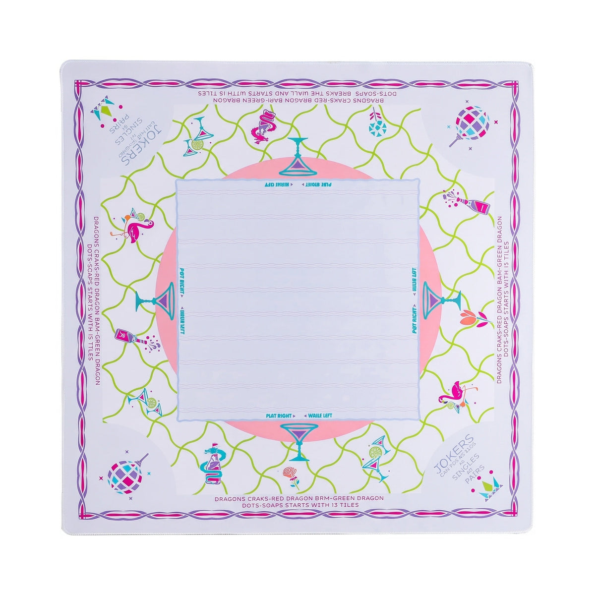 White and lime trellis mahjong mat with cocktails, flamingos and disco balls, shown flat from above on white