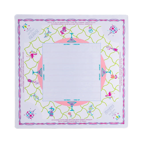 White and lime trellis mahjong mat with cocktails, flamingos and disco balls, shown flat from above on white