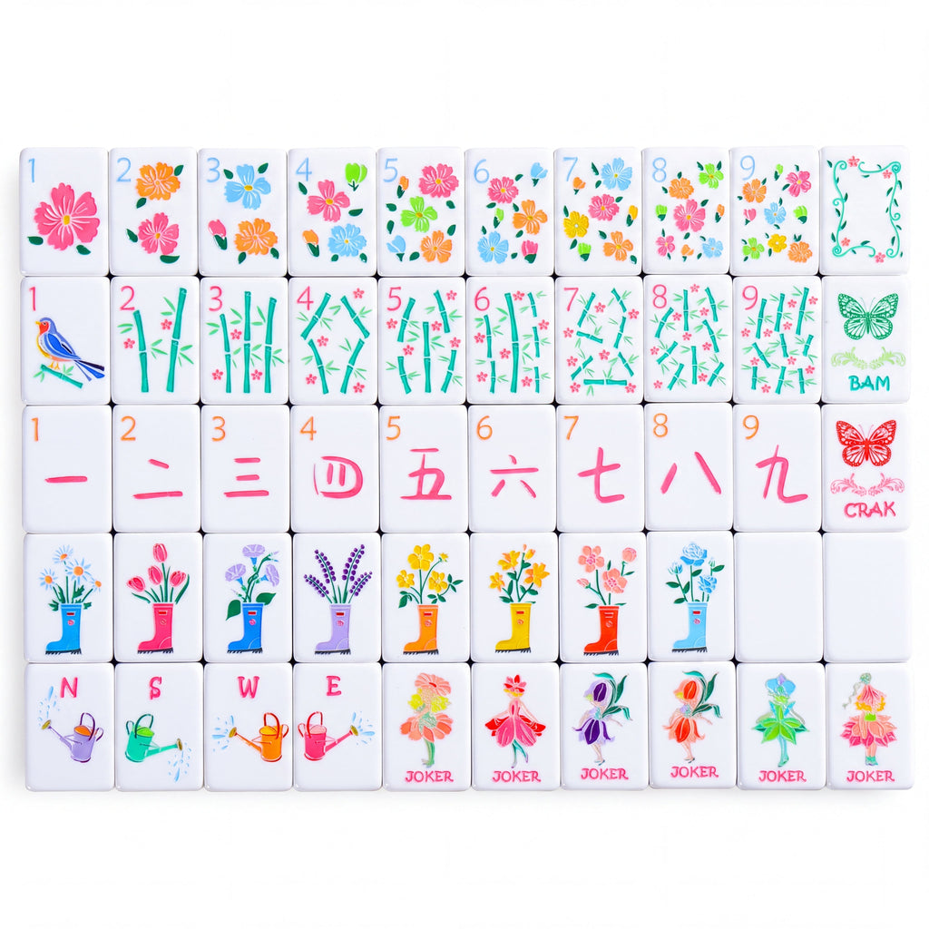Bloomsbury American mahjong tiles laid out in full, with flower dots, bamboo bams, rain boot flower tiles and watering can winds