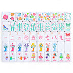 Bloomsbury American mahjong tiles laid out in full, with flower dots, bamboo bams, rain boot flower tiles and watering can winds