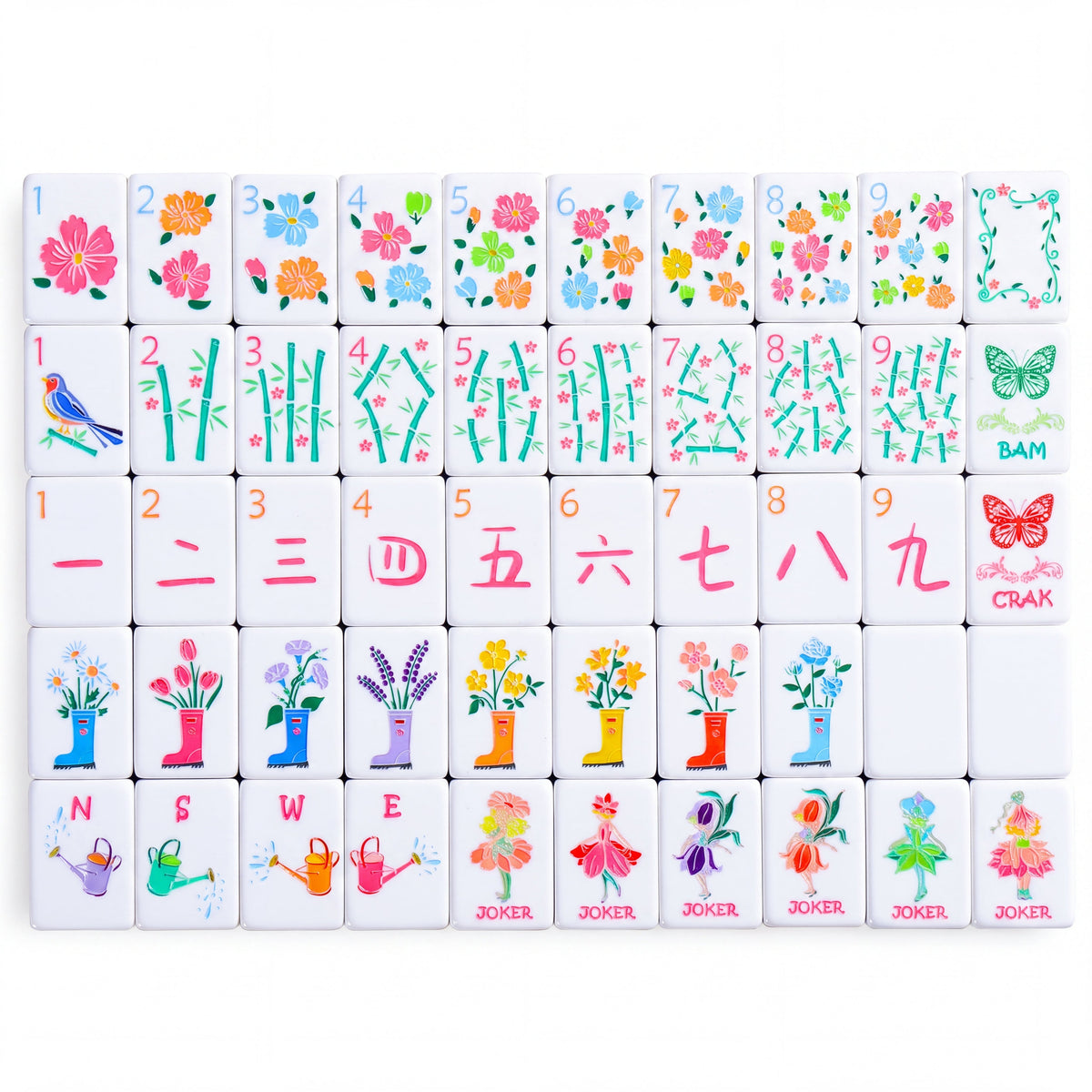 All 160 Bloomsbury mahjong tiles laid out in full, with flower dots, bamboo bams, rain boot flower tiles and watering can winds