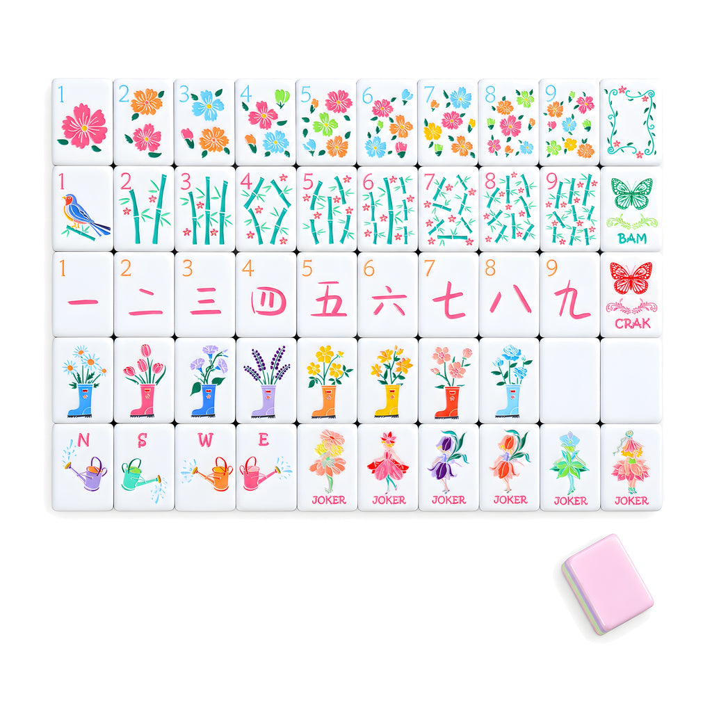 Bloomsbury American mahjong tiles, one of each tile laid out in a grid with one tile face down showing the pastel pink back