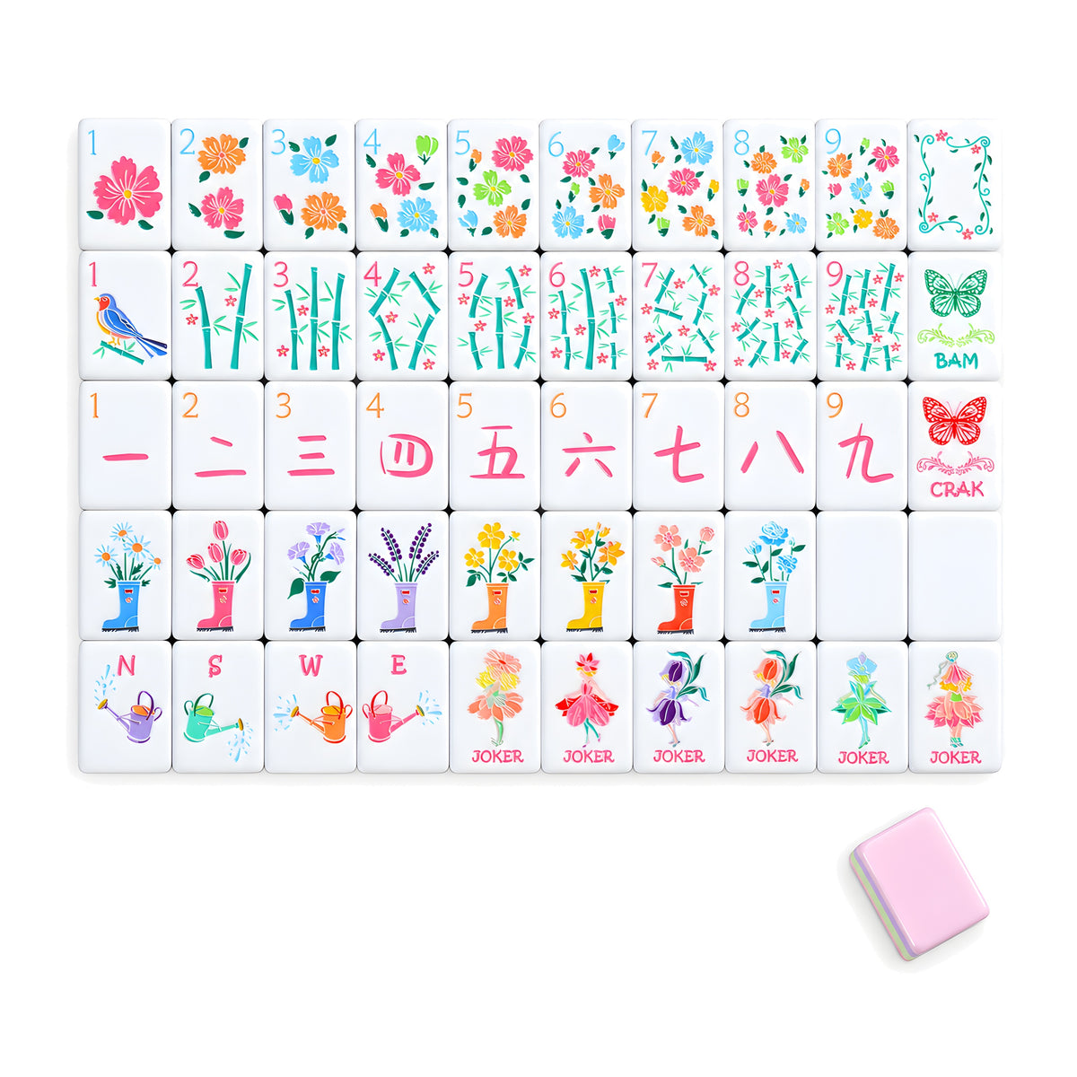 Bloomsbury American mahjong tiles, one of each tile laid out in a grid with one tile face down showing the pastel pink back