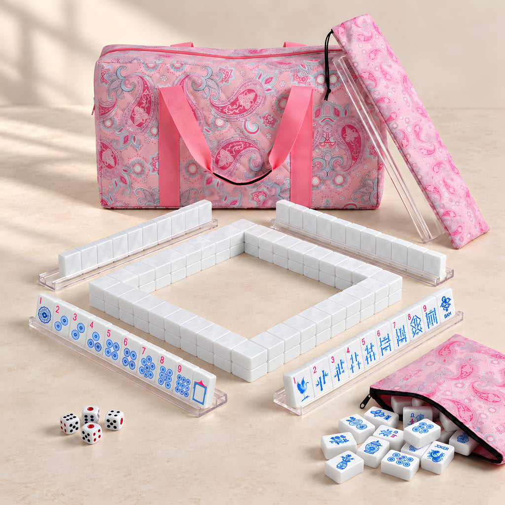 Blue Willow American mahjong starter kit with pearly white tile walls inside four clear racks and a quilted pink paisley carrying set