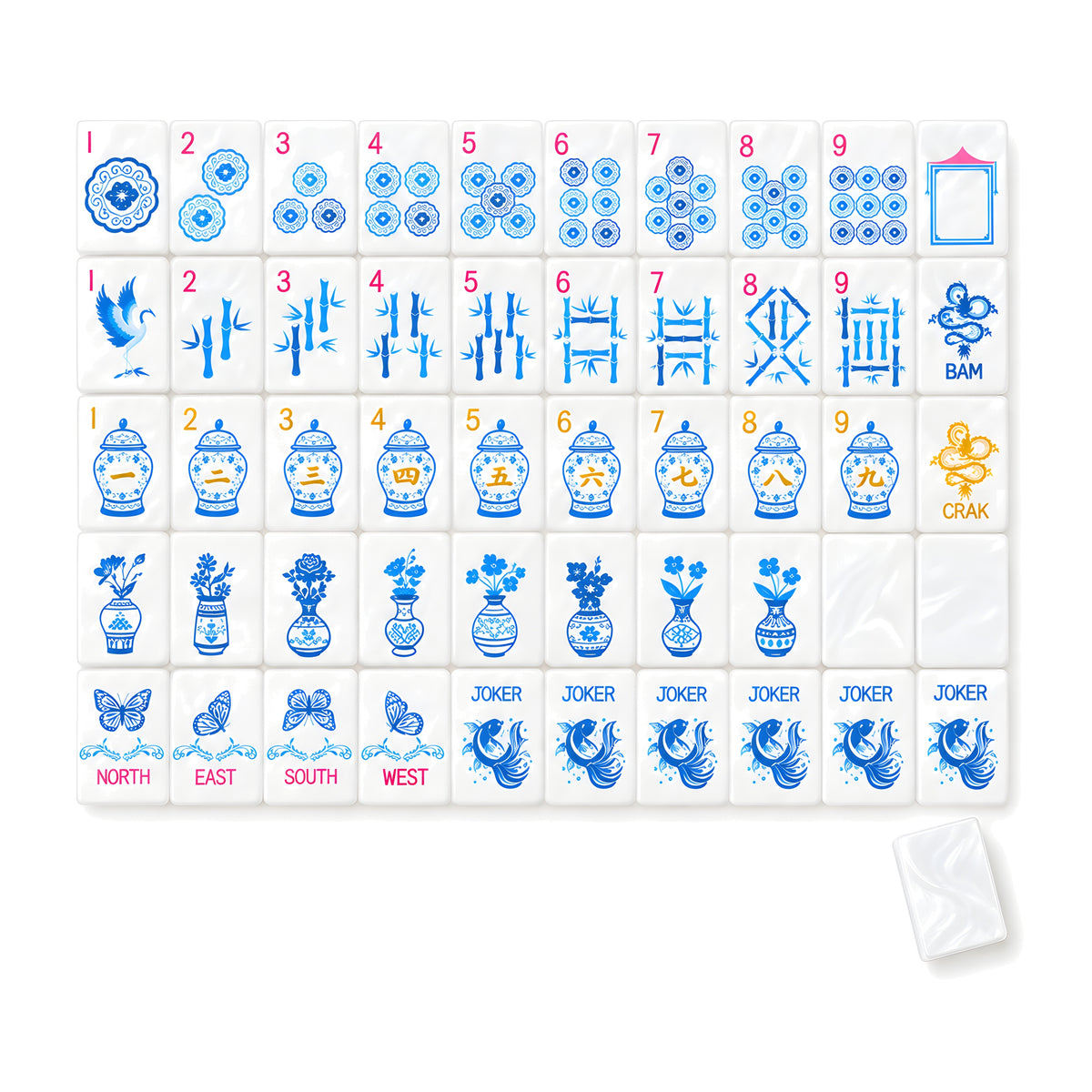 Blue Willow American mahjong tiles, one of each tile laid out in a grid with one tile face down showing the pearly white back