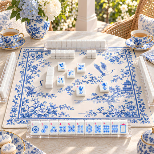 Blue Willow mahjong tiles set up for a game on a blue-and-white chinoiserie mat