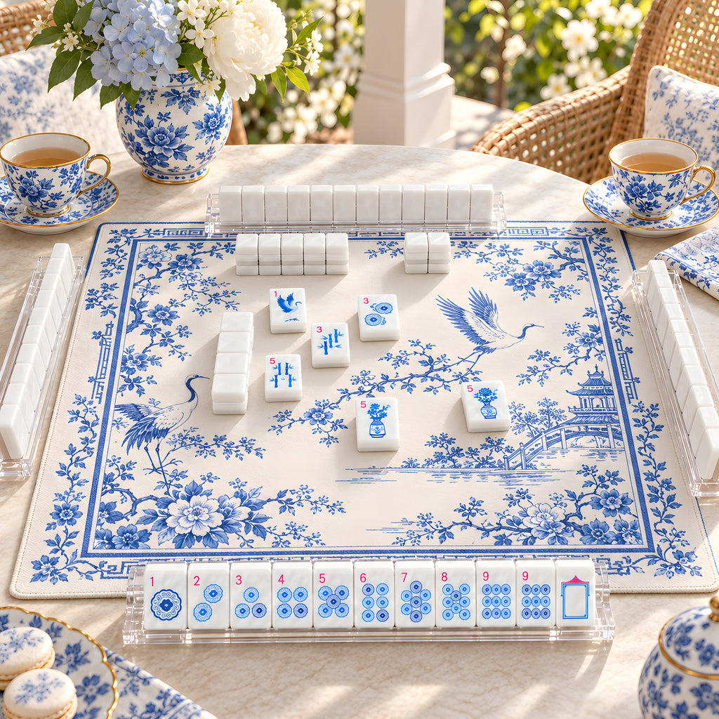 Blue Willow mahjong tiles set up for a game on a blue-and-white chinoiserie mat
