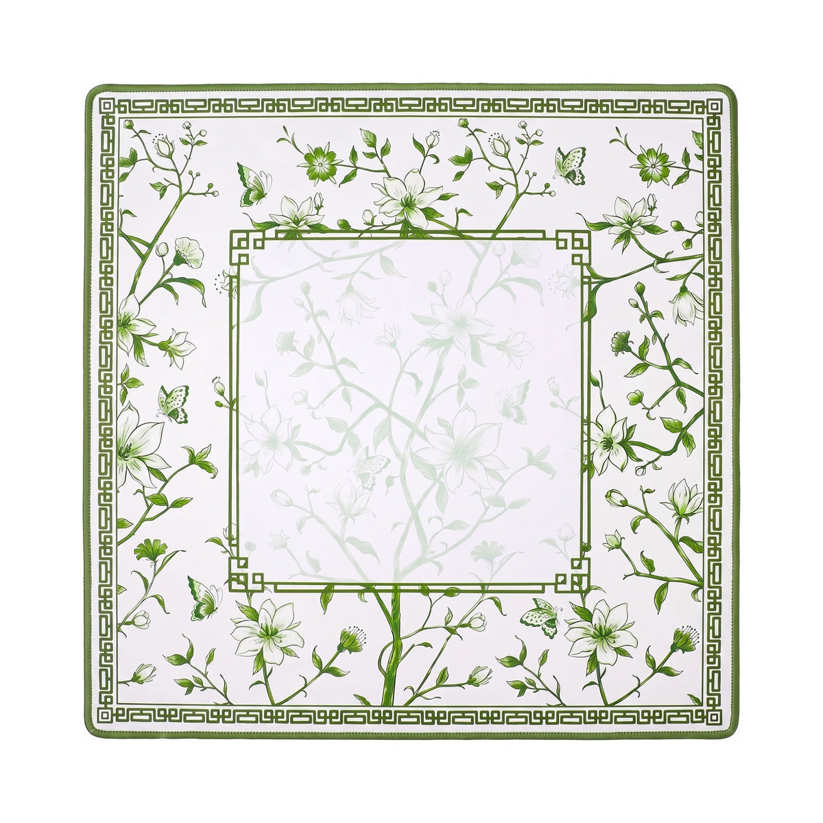 Olive and leaf green flowering branch mahjong mat on white with a Greek key frame, shown flat from above