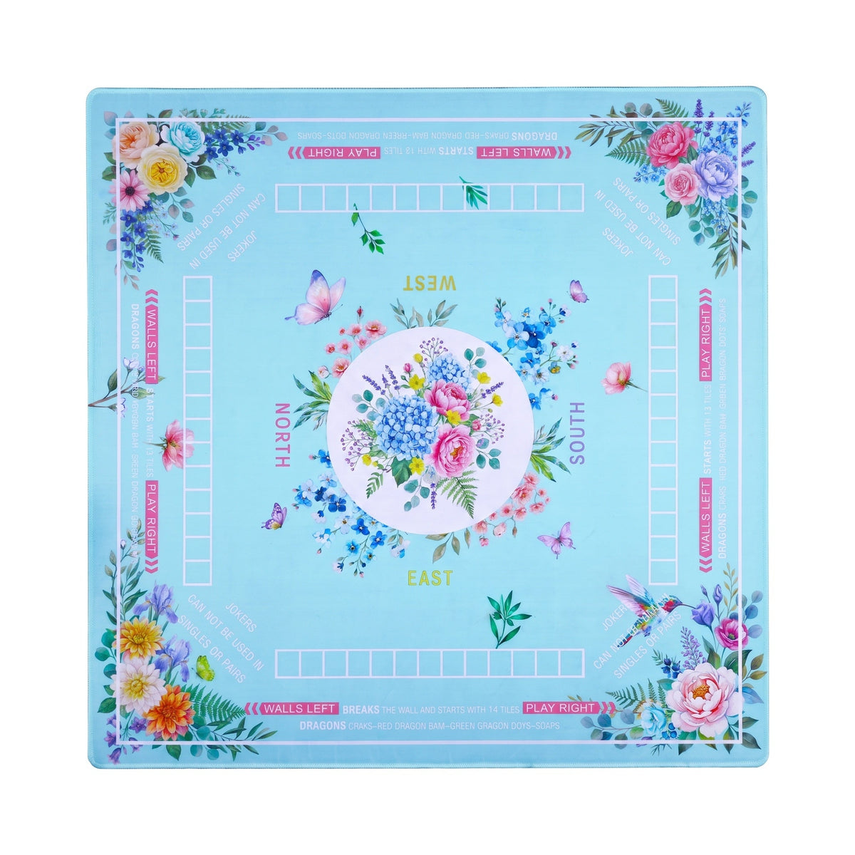 Turquoise mahjong mat with peony and rose bouquets banked into the corners, shown flat from above on white