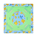 Sky blue and green lemon branch mahjong mat with blue birds, shown flat from above on white
