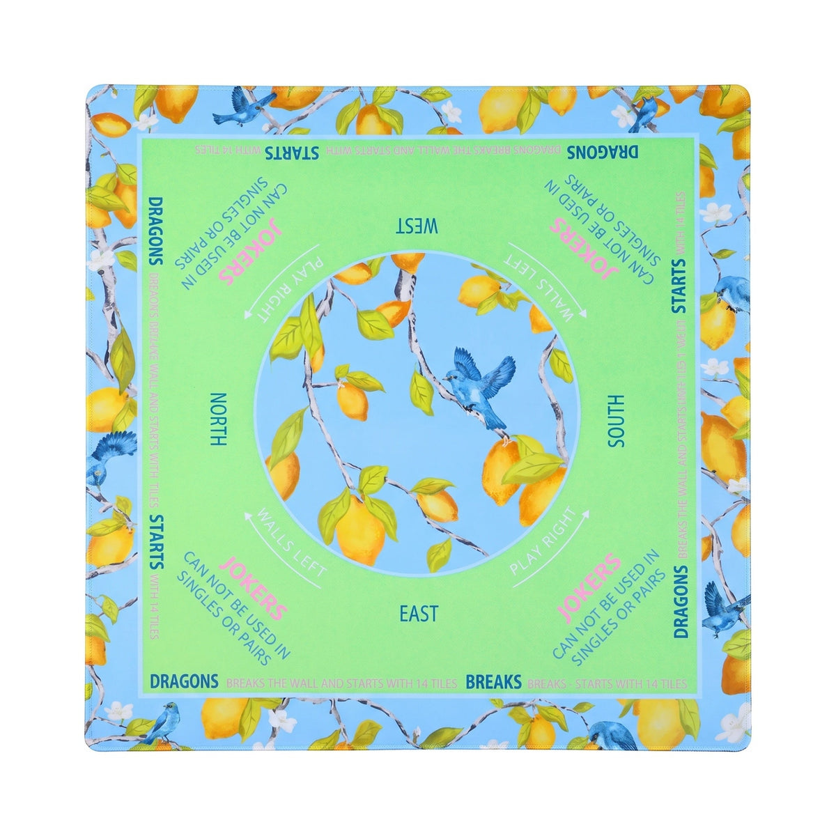 Sky blue and green lemon branch mahjong mat with blue birds, shown flat from above on white