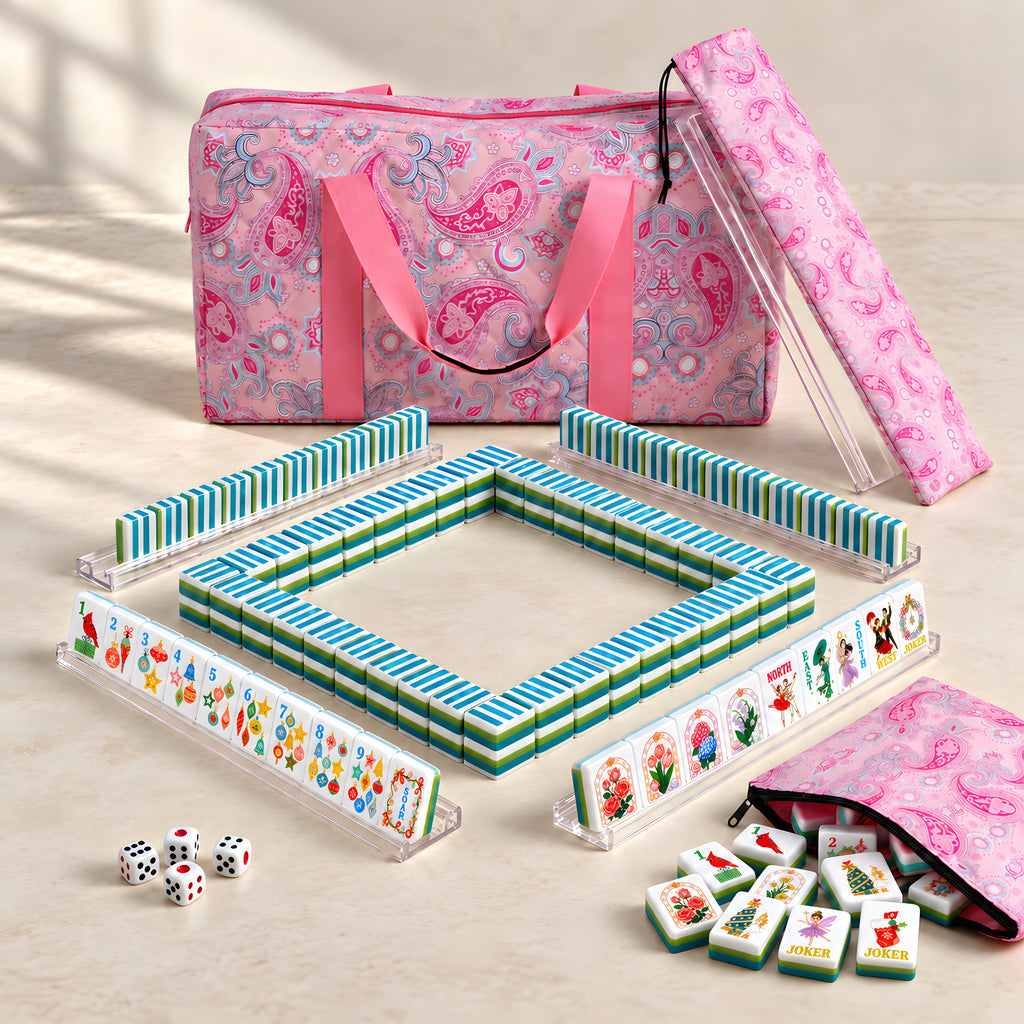 Merry Christmas American mahjong starter kit with candy-striped tile walls inside four clear racks, a quilted pink paisley tote, drawstring rack sleeve and zippered tile pouch