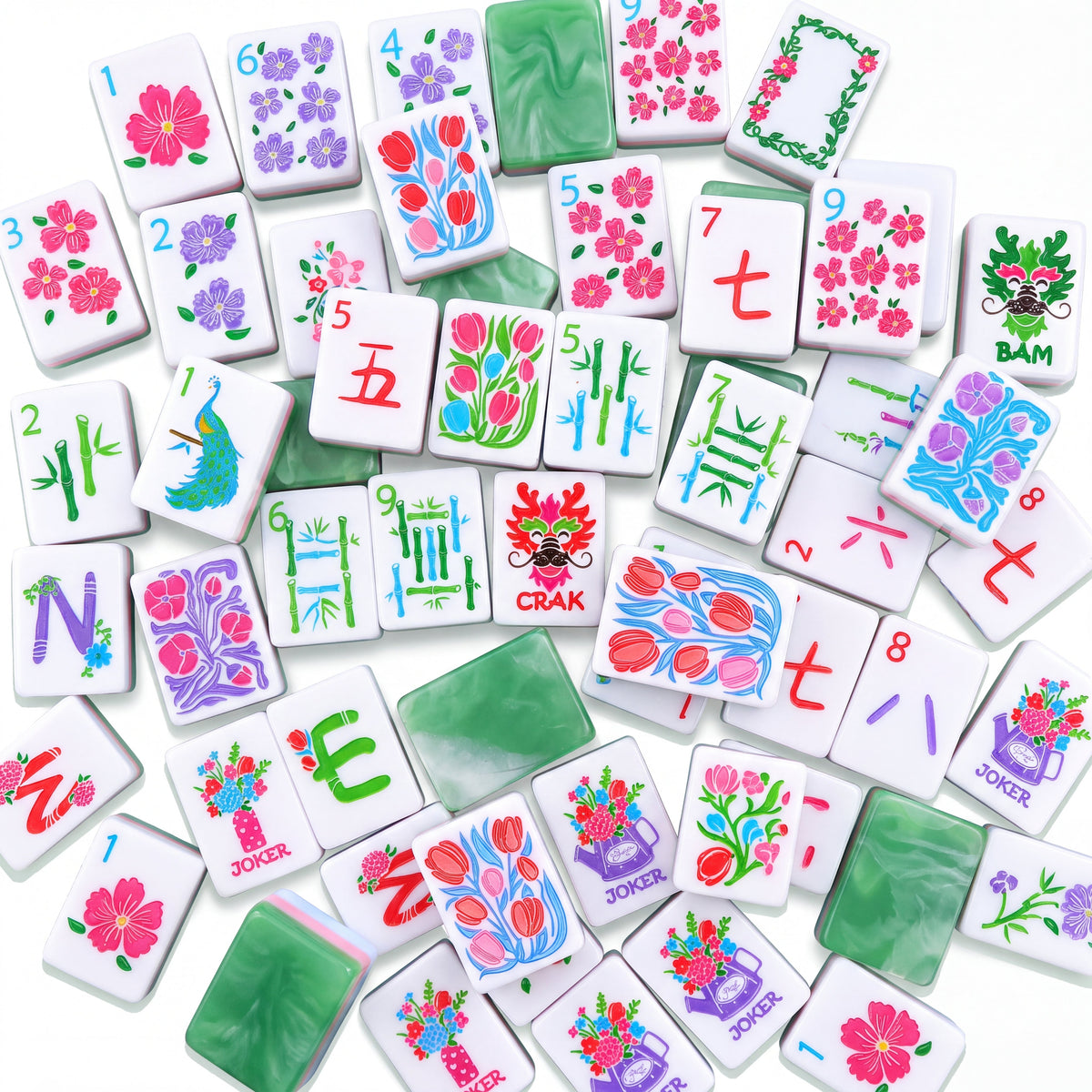 Empress American mahjong tiles scattered face up and face down, showing marbled jade backs and pink and green layered edges