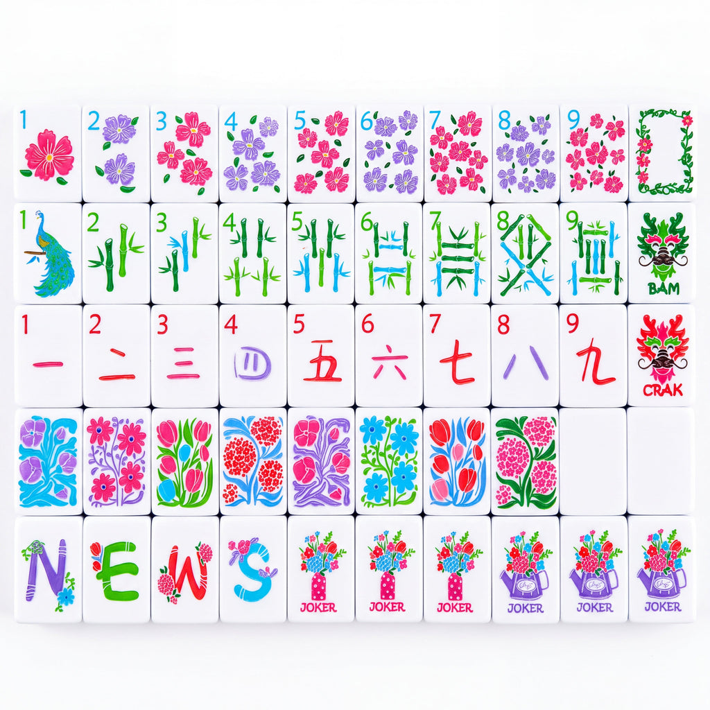 Empress American mahjong tiles laid out in full, with peacock and bamboo bams, painted flower dots and brushed crak numerals