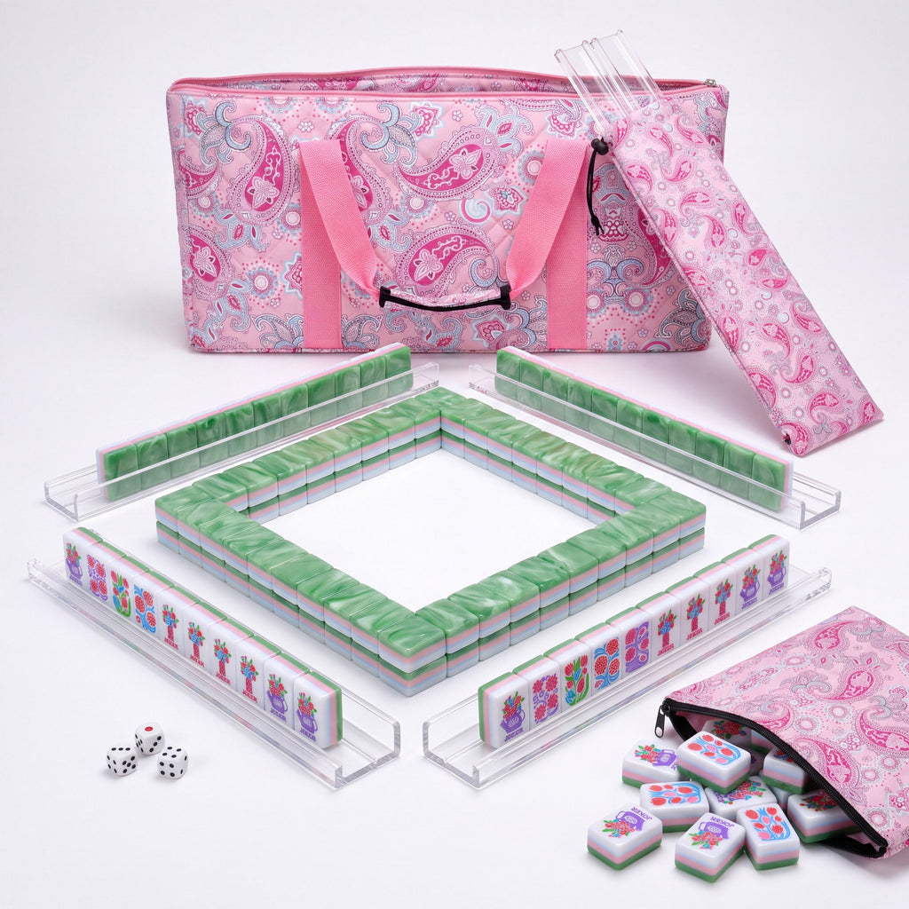 Empress American mahjong starter kit with marbled jade green backed tiles walled inside four clear racks, a quilted pink paisley tote, drawstring rack sleeve and zippered tile pouch