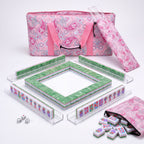 Empress American mahjong starter kit with marbled jade green backed tiles walled inside four clear racks, a quilted pink paisley tote, drawstring rack sleeve and zippered tile pouch
