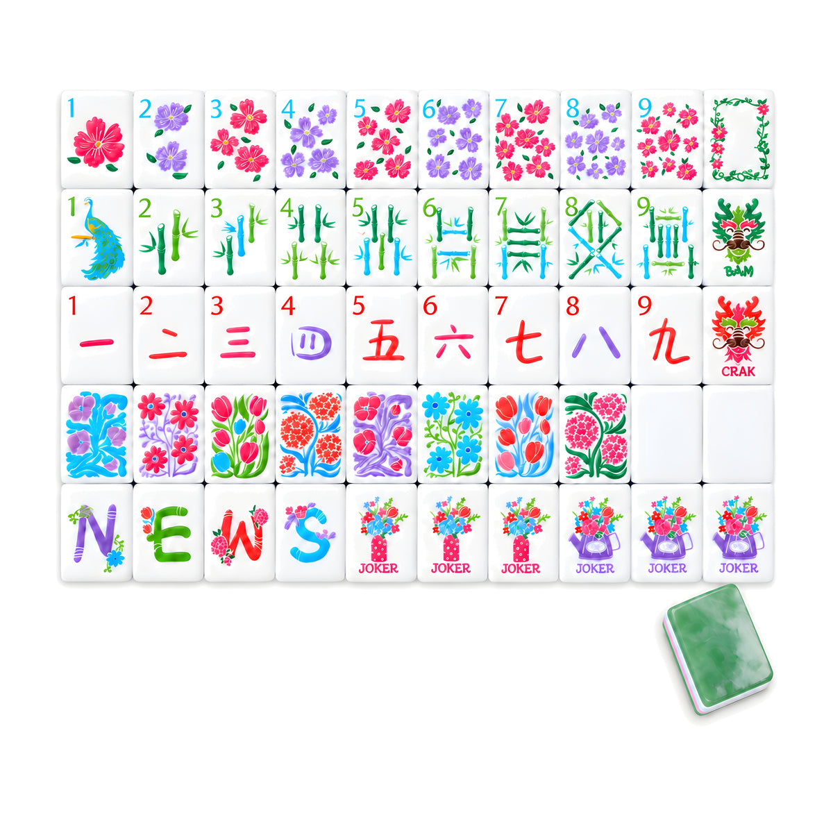 Empress American mahjong tiles, one of each tile laid out in a grid with one tile face down showing the marbled jade back