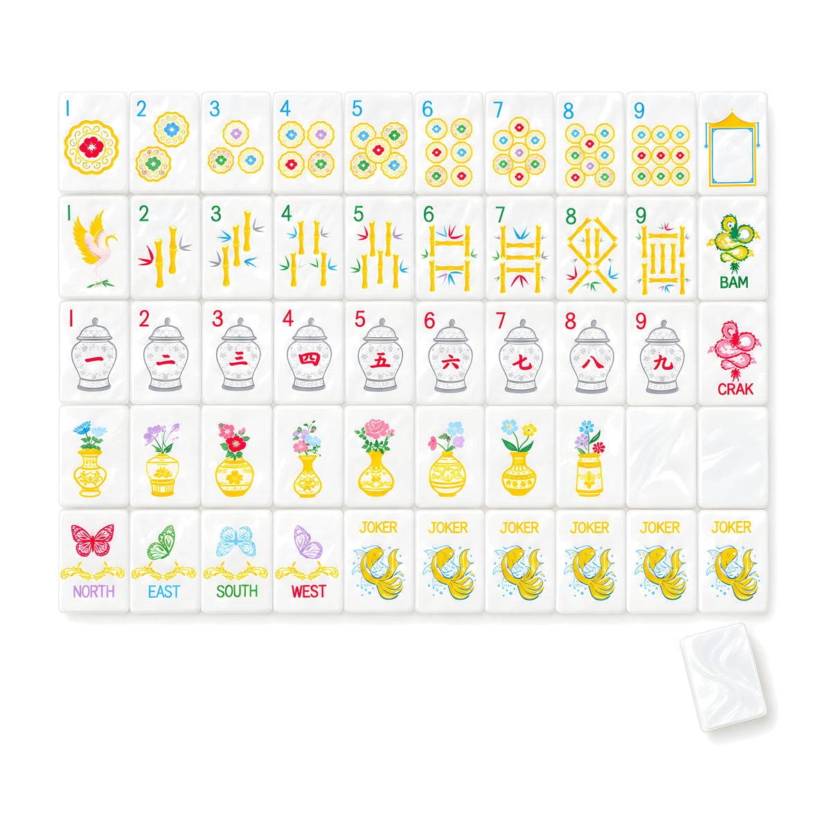Gilded Crane American mahjong tiles, one of each tile laid out in a grid with one tile face down showing the pearly white back