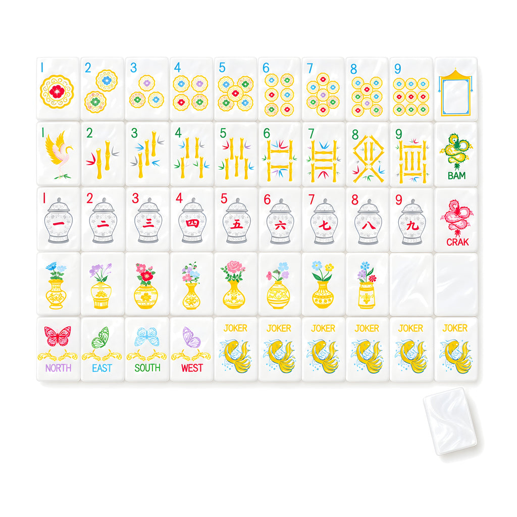 Gilded Crane American mahjong tiles, one of each tile laid out in a grid