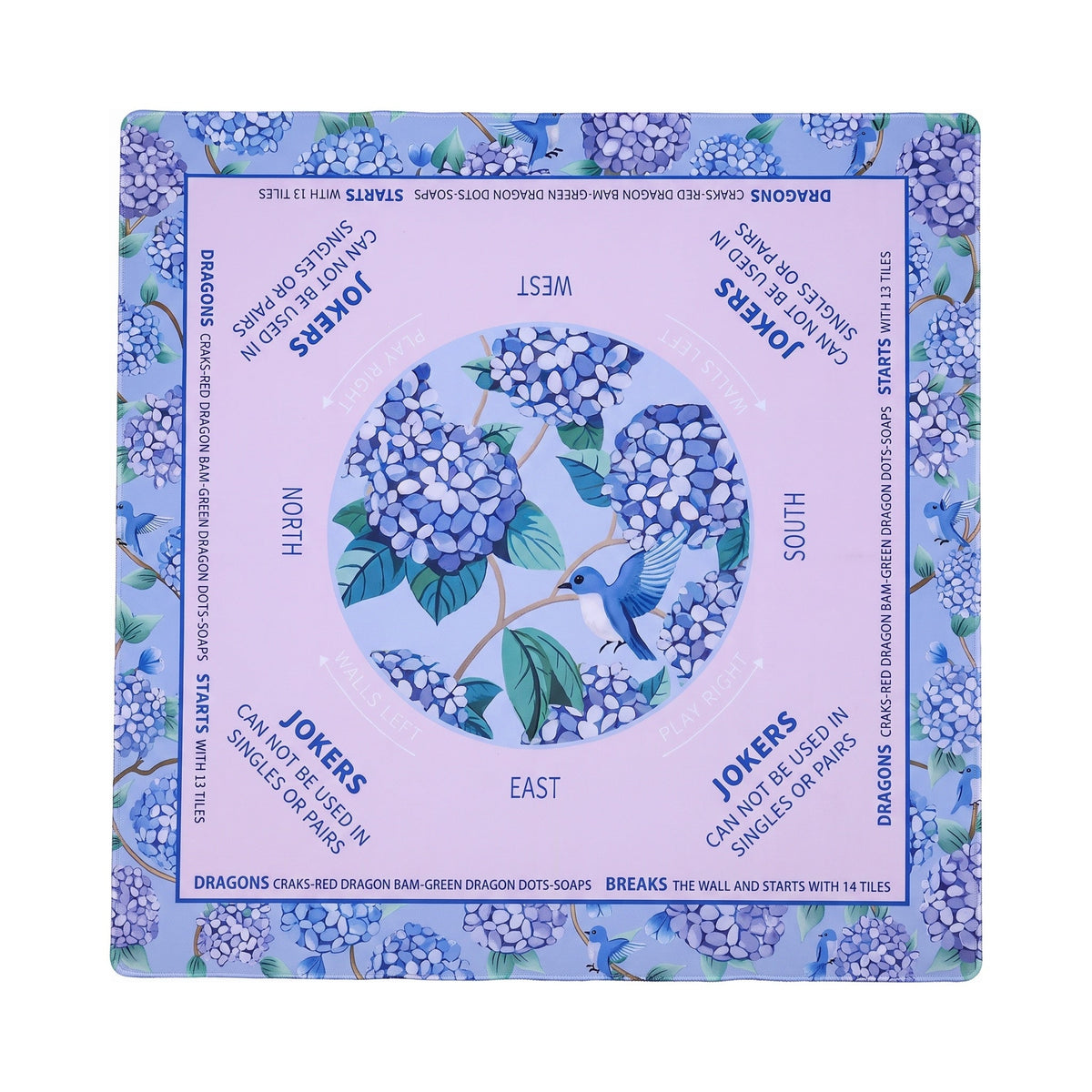 Lilac hydrangea mahjong mat with a pale orchid playing field, shown flat from above on white