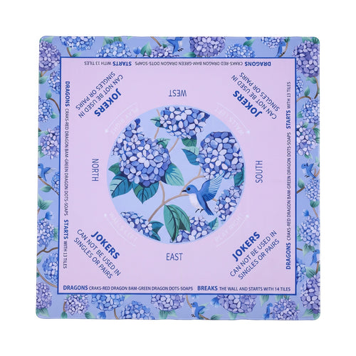 Lilac hydrangea mahjong mat with a pale orchid playing field, shown flat from above on white