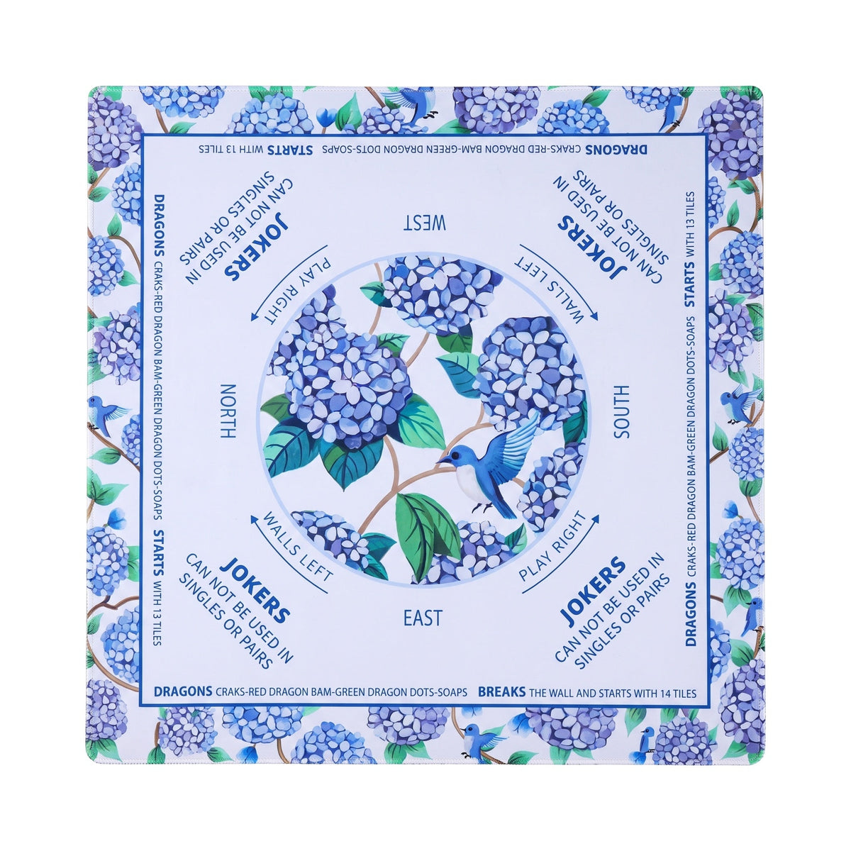 Blue and white hydrangea mahjong mat with a bluebird in the center circle, shown flat from above on white