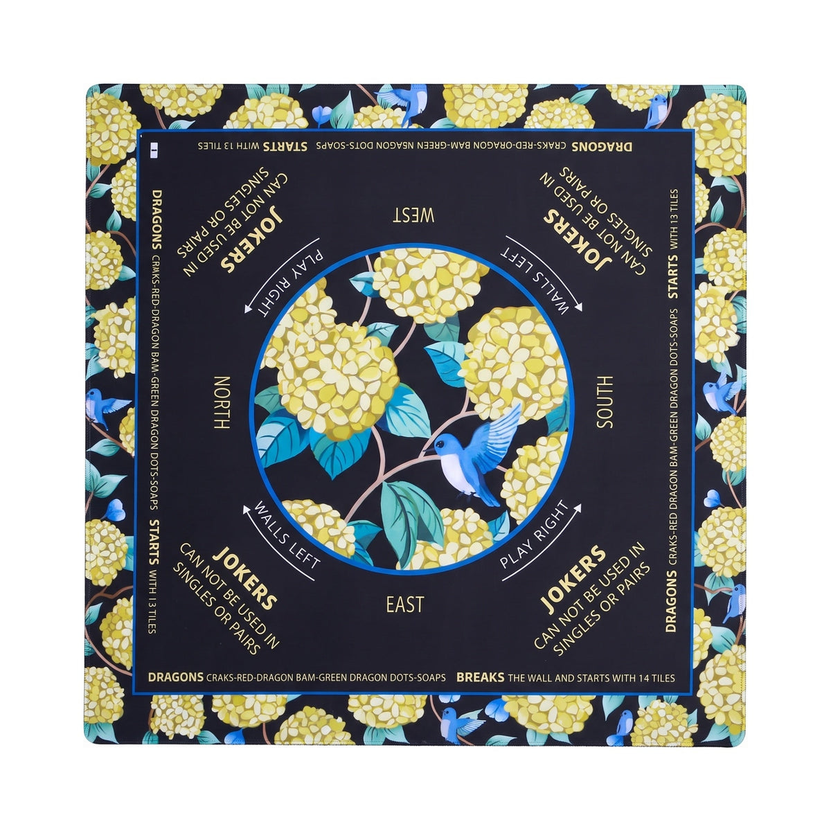 Black mahjong mat with chartreuse hydrangeas and a bluebird in the center circle, shown flat from above on white