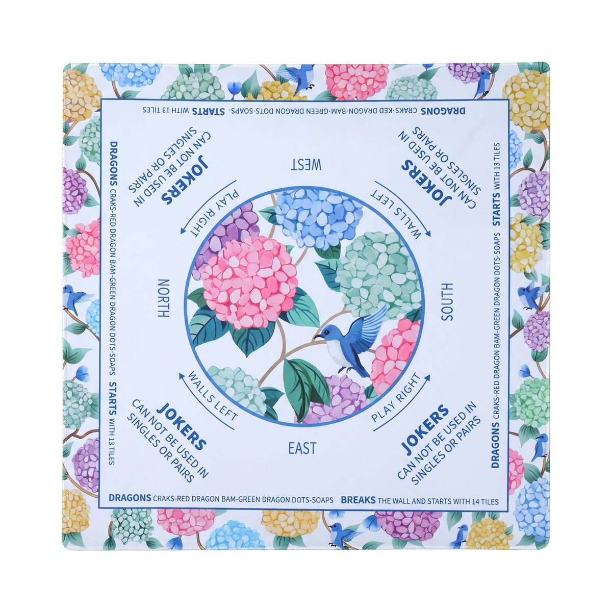 Multicolor pastel hydrangea mahjong mat on a white ground, shown flat from above on white