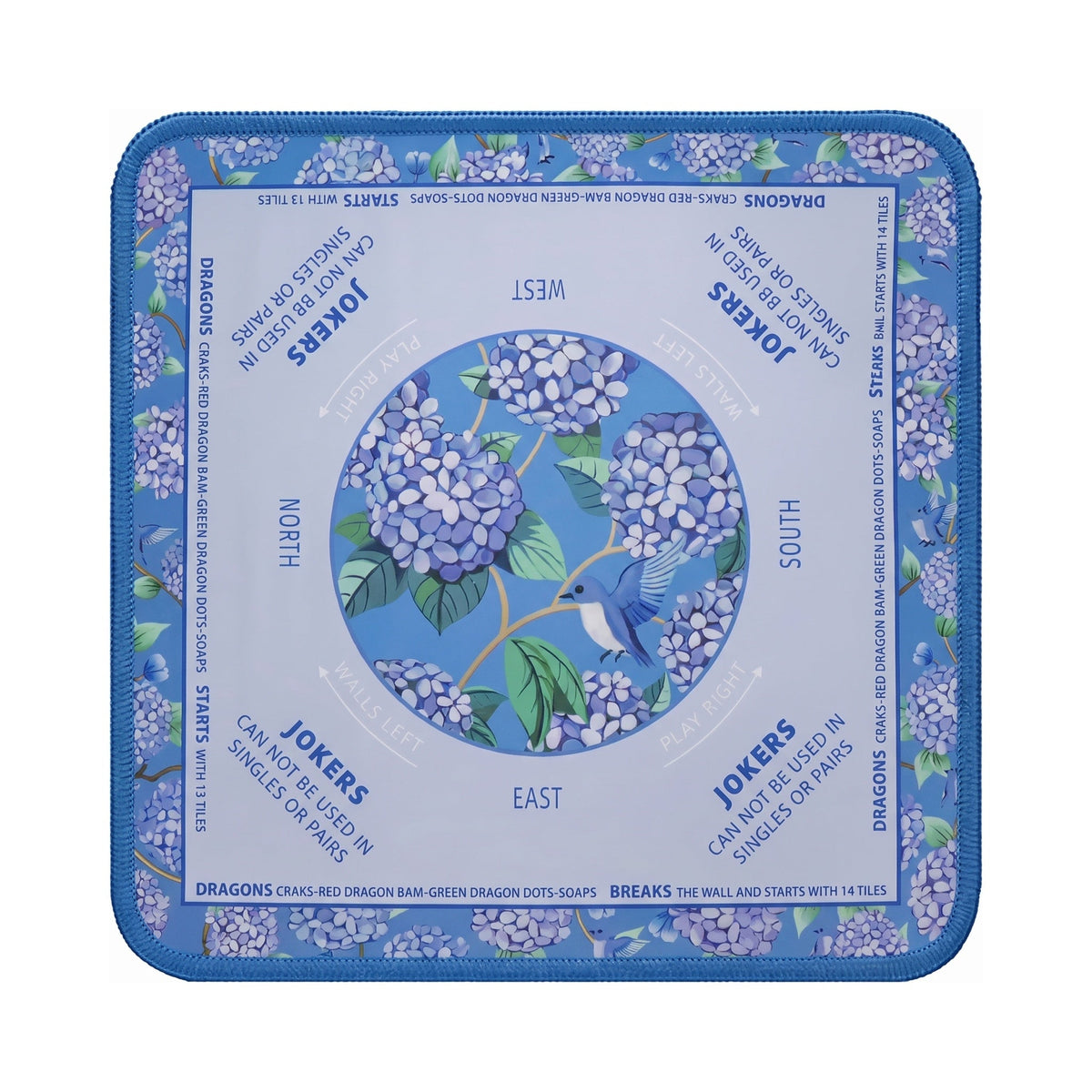 Cornflower blue hydrangea mahjong mat with a pale ice blue playing field, shown flat from above on white