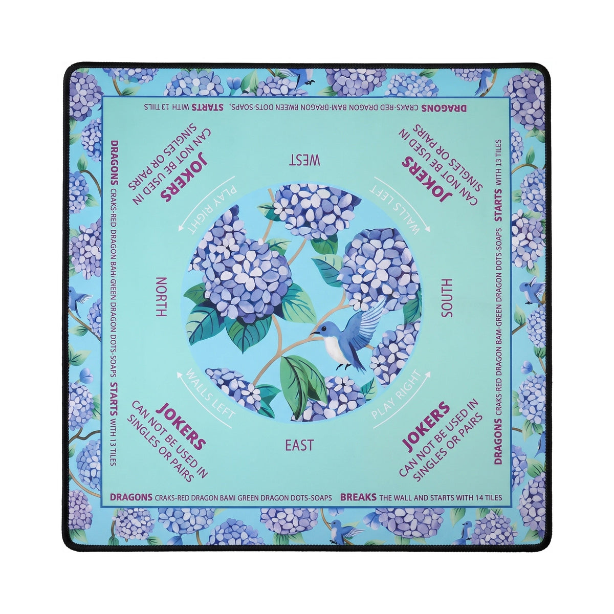Aqua and seafoam hydrangea mahjong mat with magenta play reminders, shown flat from above on white