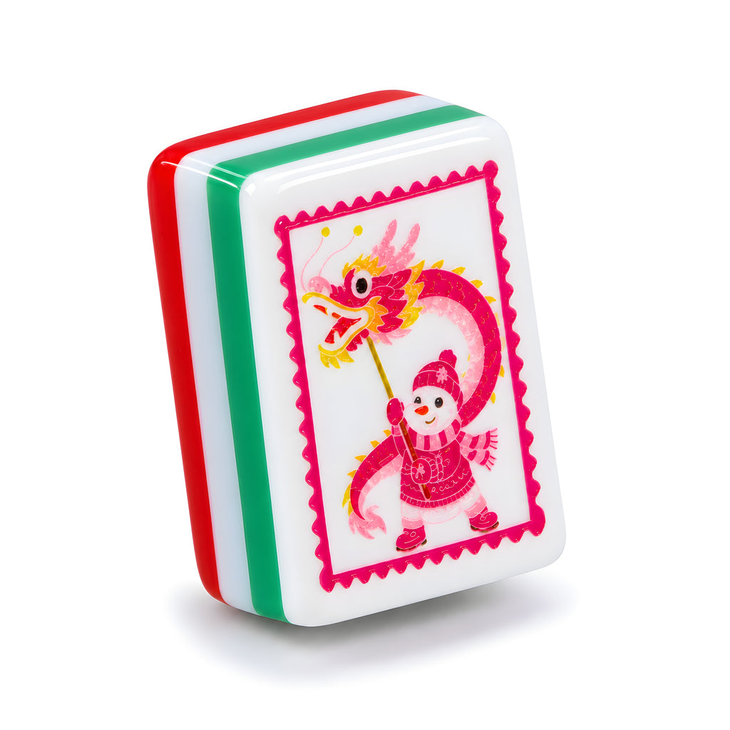 Single Holly mahjong tile showing the pink dragon stamp and the white, green and red layered edge