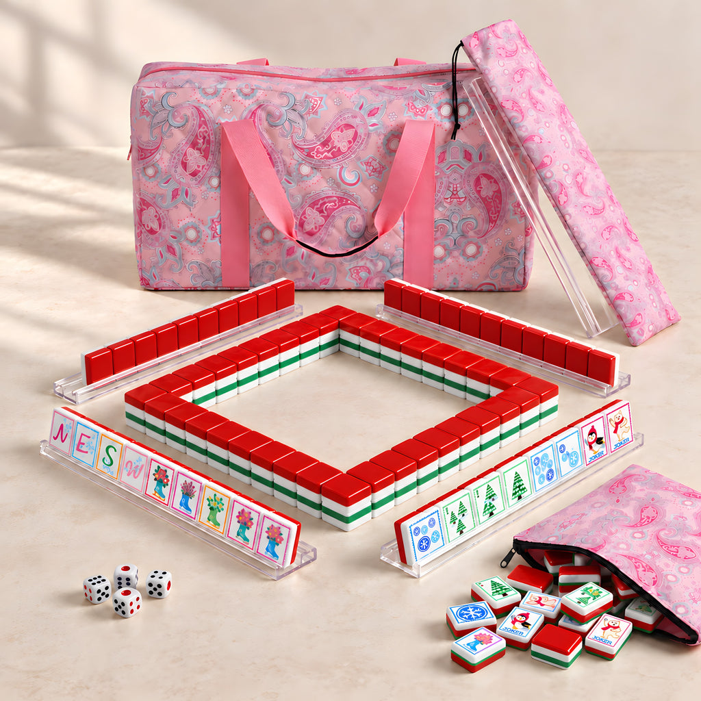 Holly American mahjong starter kit with red tile walls inside four clear racks and a quilted pink paisley carrying set