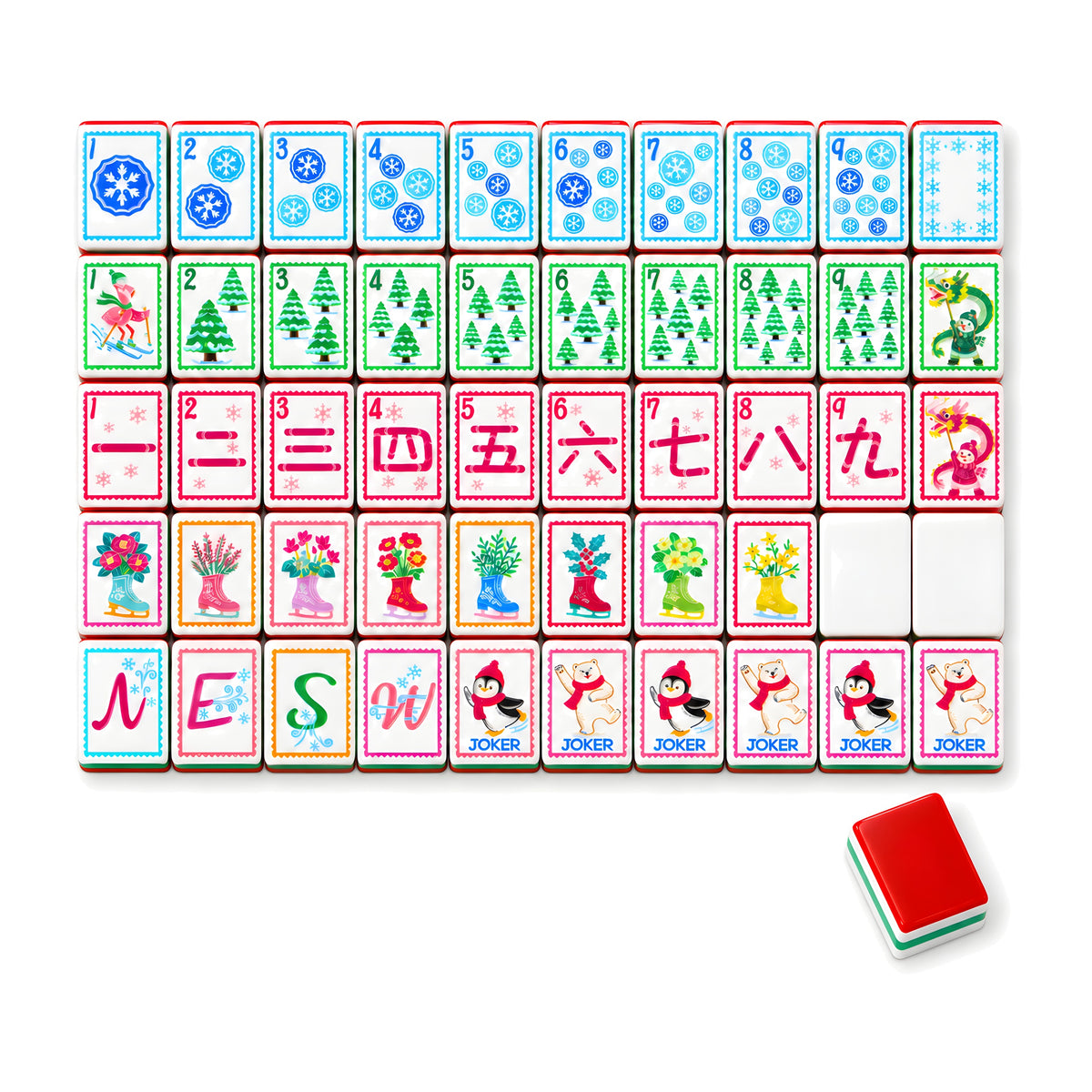 Holly American mahjong tiles, one of each tile laid out in a grid with one tile face down showing the red back