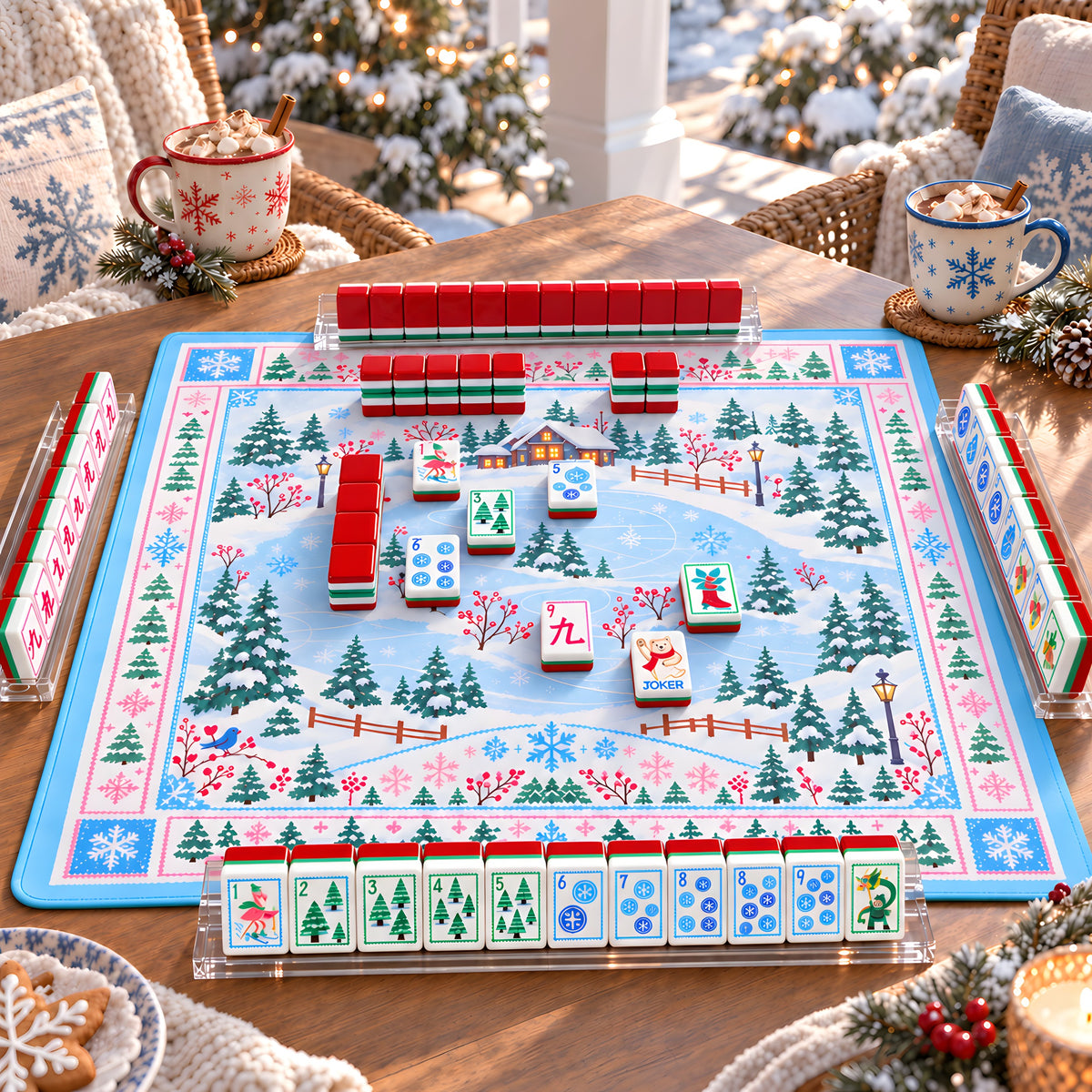Holly mahjong tiles set up for a game on a winter village mat on a snowy porch