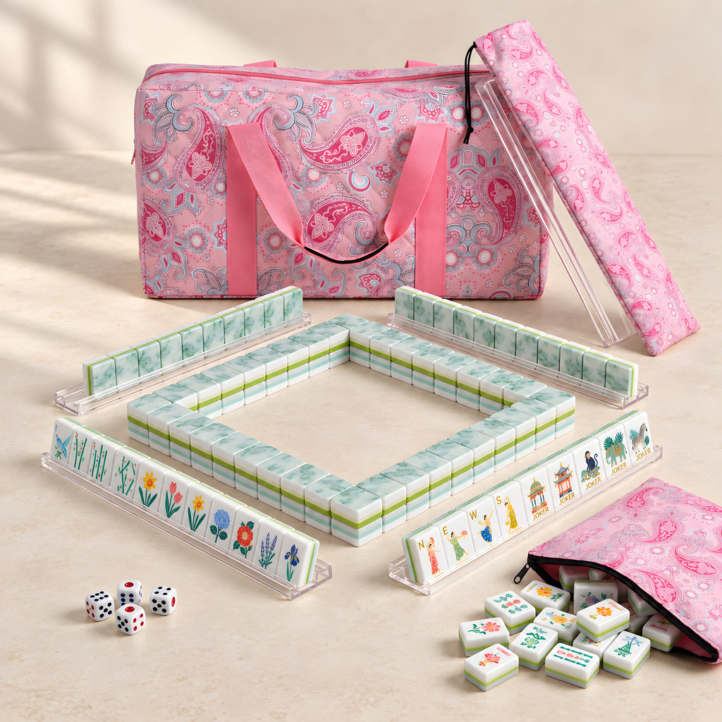 Jade Pavilion American mahjong starter kit with jade tile walls inside four clear racks and a quilted pink paisley carrying set