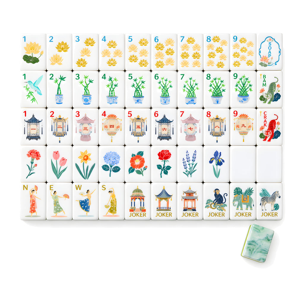 Jade Pavilion American mahjong tiles, one of each tile laid out in a grid with one tile face down showing the green jade back