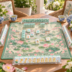 Jade Pavilion mahjong tiles set up for a game on a lotus pond mat