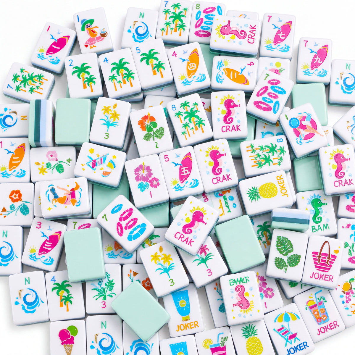 Key West American mahjong tiles scattered face up and face down, showing mint green backs and layered teal edges