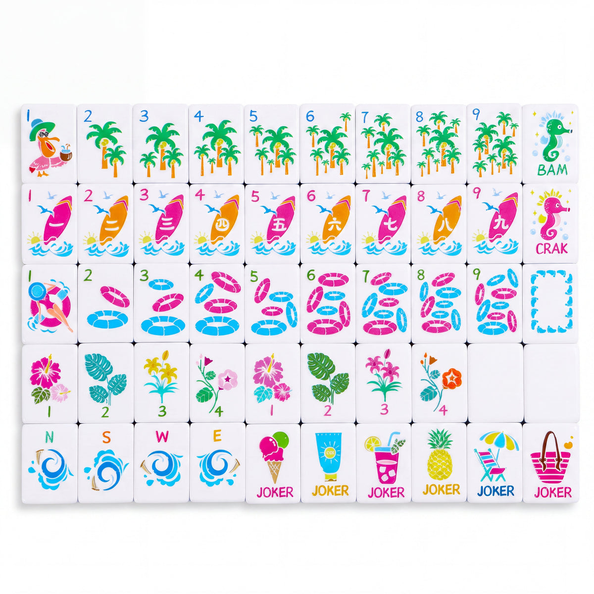 All 160 Key West mahjong tiles laid out in full, with palm tree bams, surfboard craks and pool float dots