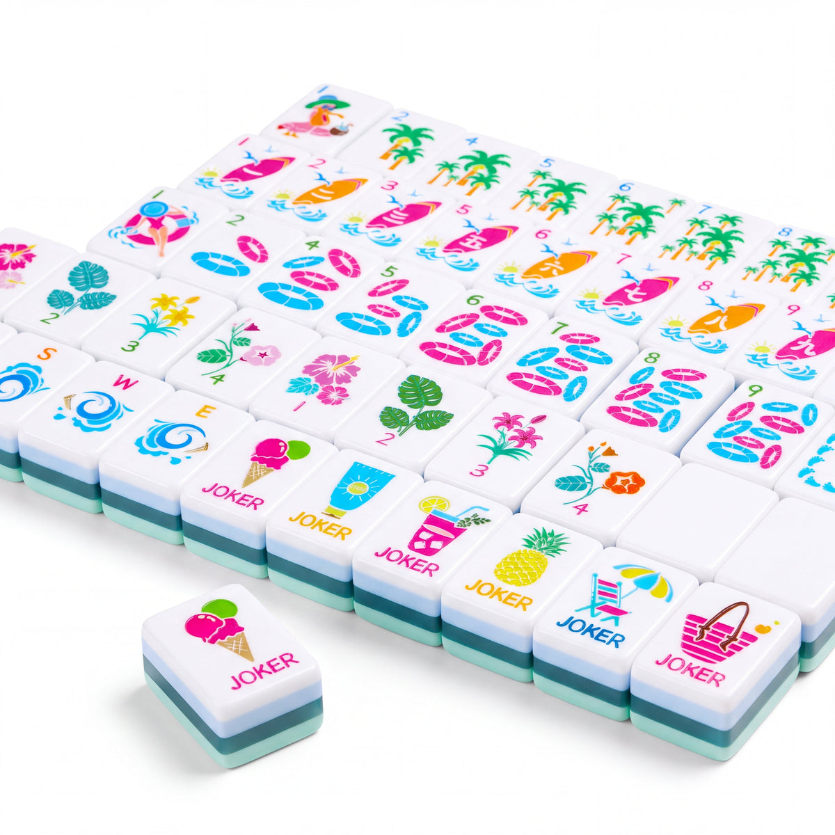 Key West mahjong tiles in angled rows with the beach jokers in front