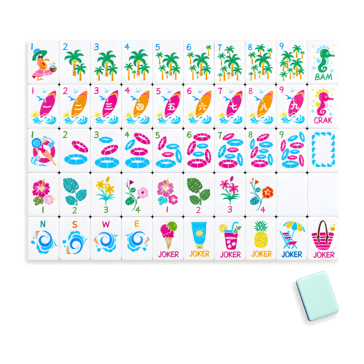 Key West American mahjong tiles, one of each tile laid out in a grid with one tile face down showing the mint green back