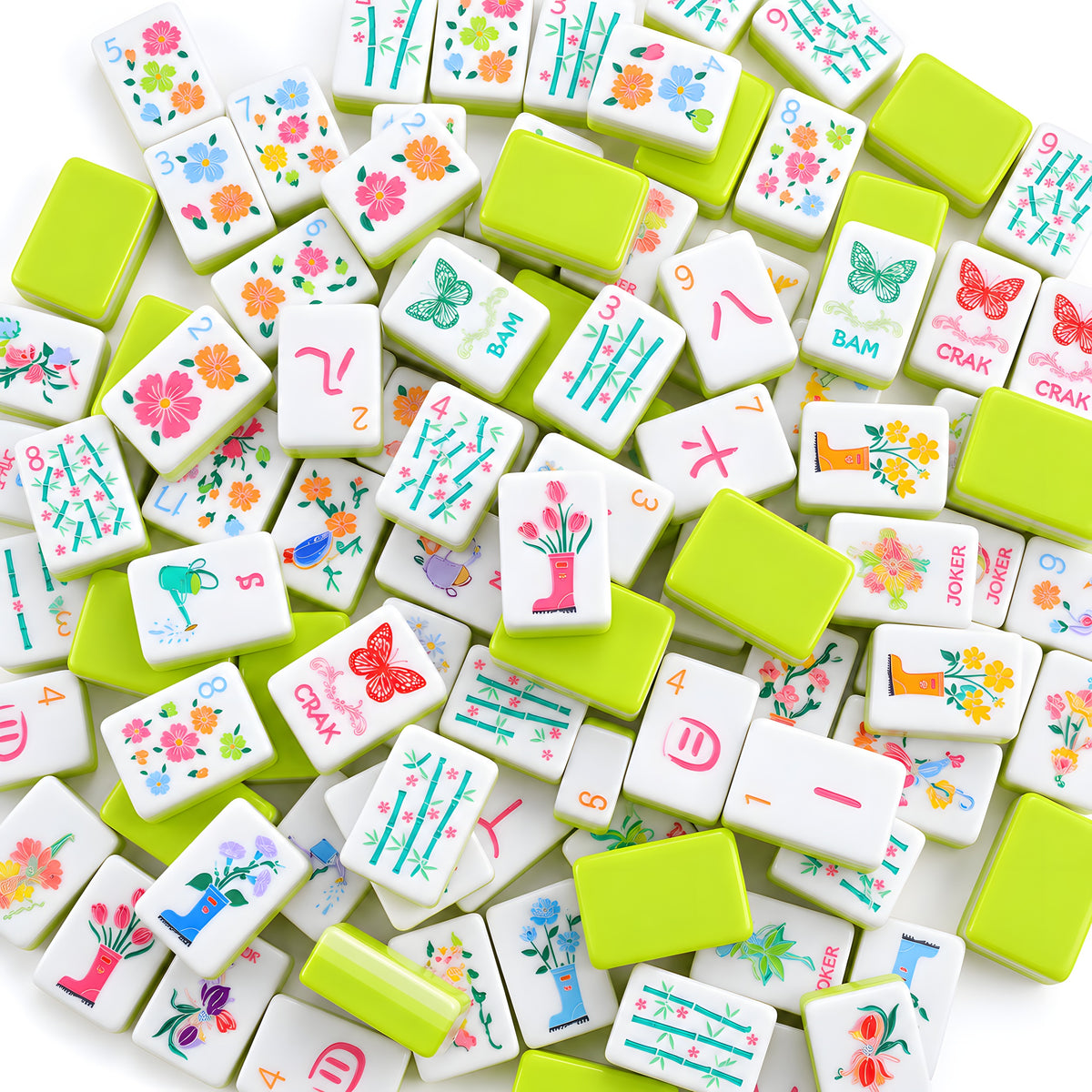 Limoncello American mahjong tiles scattered face up and face down, showing bright lime green backs